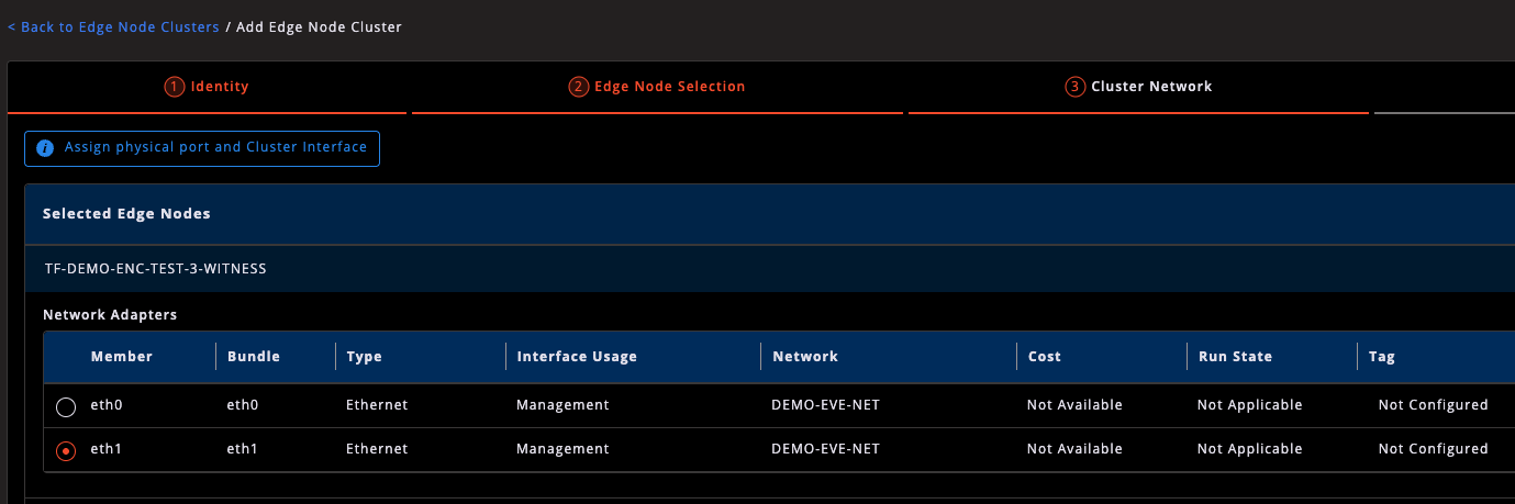 Cluster Network adapter selection screen Cluster Network adapter selection screen