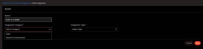 Integration Category dropdown Integration Category dropdown