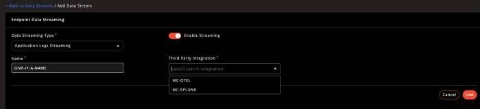 Third Party Integration dropdown listing MC-OTEL and MC-SPLUNK Third Party Integration dropdown listing MC-OTEL and MC-SPLUNK